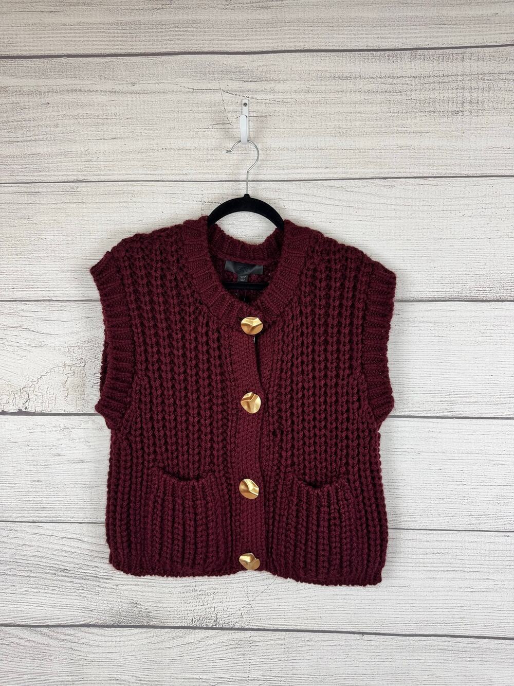 Zara Women's Burgundy Chunky Knit Sleeveless Button Up Vest Size Medium